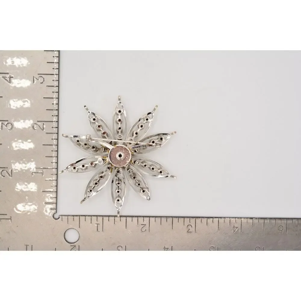 Vintage Crystal Flower Pin Brooch Baguette Prong Rhinestone Silver 1960s BinAL